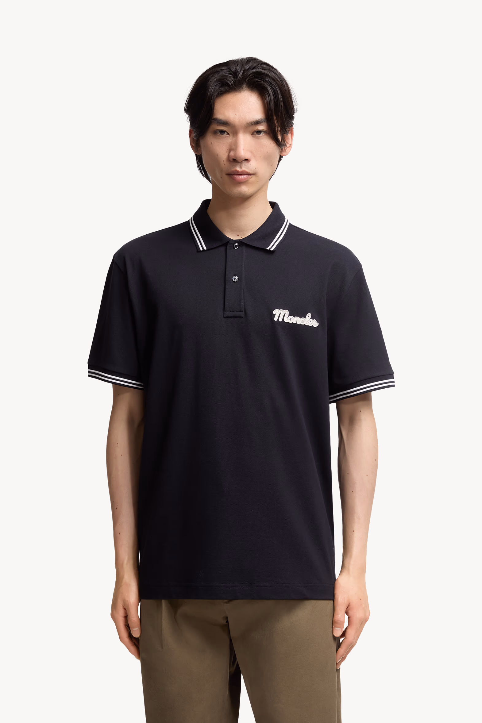 Embroidered Logo Cotton Piquet Polo Shirt Men Blue Moncler 3